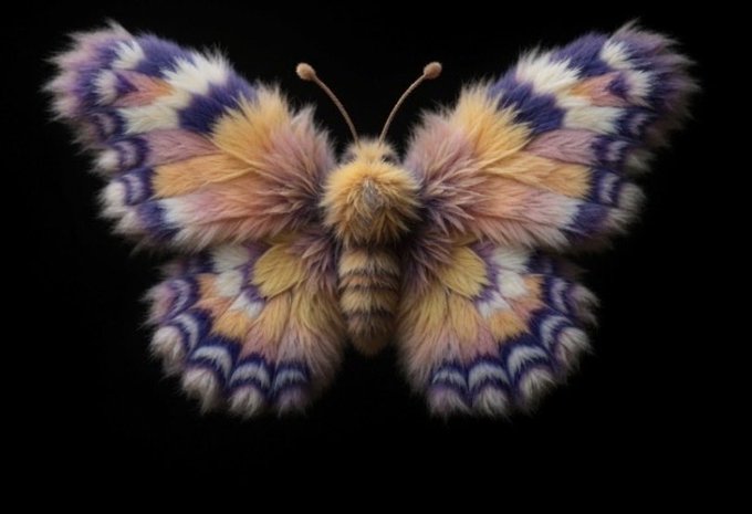 A digitally rendered, fluffy moth with patterned orange, pink, and purple wings against a black background.