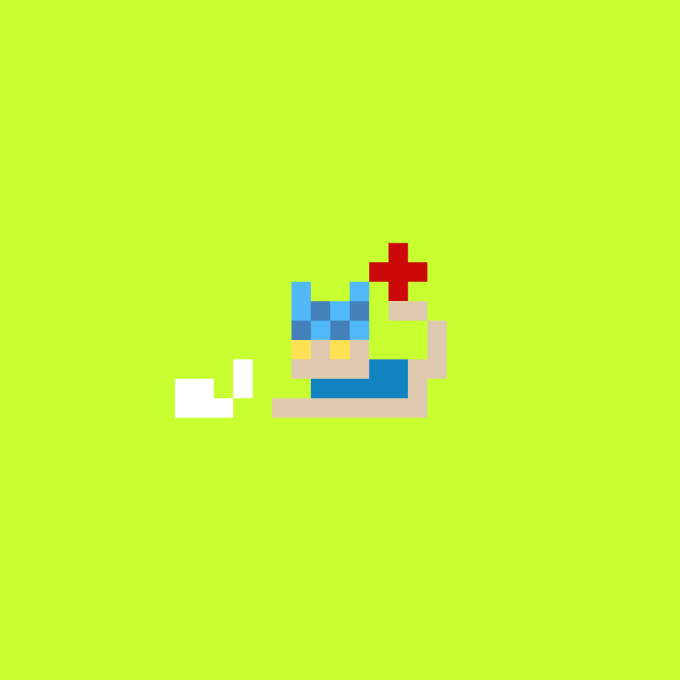 A simple pixel art illustration on a bright lime green background showing a small character lying down with a red cross symbol above them, suggesting injury or medical need.