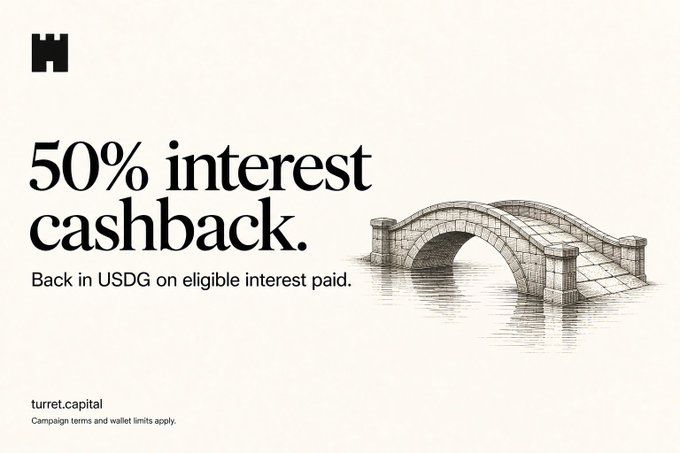 A promotional graphic for Turret (turret.capital) announces a "50% interest cashback" offer, with the subtitle "Back in USDG on eligible interest paid." The ad features the Turret logo in the top-left corner and an illustration of a stone bridge over water on the right side, visually tying into the accompanying post about an upcoming public borrower cashback campaign that will return 50% of eligible loan interest in USDG.