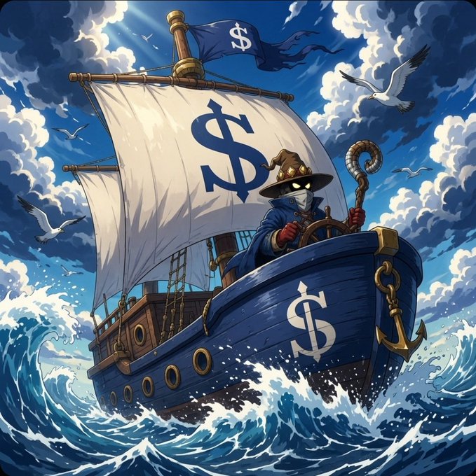 An illustrated scene of a mysterious cloaked figure with glowing eyes steering a sailing ship adorned with dollar sign symbols through stormy seas, with seagulls flying overhead.