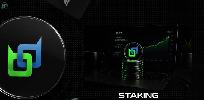 A digital advertisement for a cryptocurrency 'STAKING' service, showing a laptop with charts, a coin graphic, and figures including 'Total Staked 24,590.00', 'VS. Rewards (APR) 19.45%', and 'Staking Period 12 Months'.