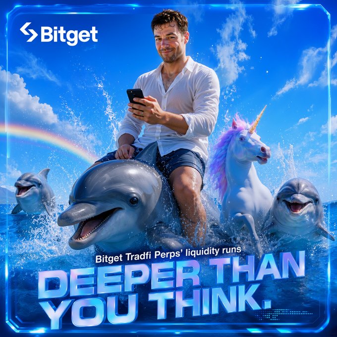 A man rides a dolphin through the ocean alongside dolphins and a unicorn while looking at his phone, under the Bitget logo, with the tagline "Bitget TradFi Perps' liquidity runs DEEPER THAN YOU THINK." — visually reinforcing the post's message that Bitget's liquidity runs deeper than users might expect, much like the surreal, limitless depths of the ocean depicted.