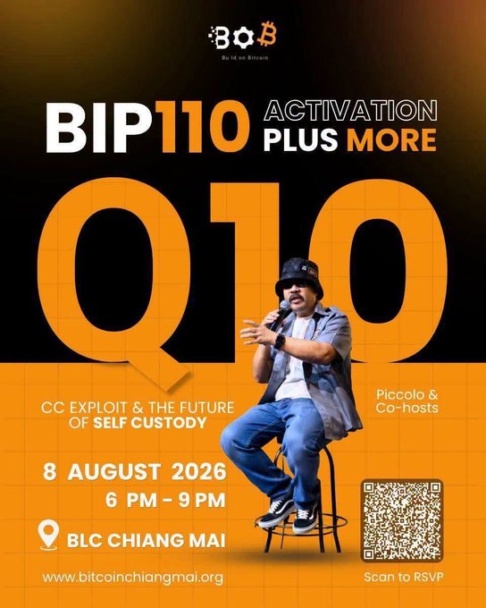 Event flyer for 'BIP110 ACTIVATION PLUS MORE' featuring a speaker and the date '8 AUGUST 2026, 6 PM - 9 PM' at BLC Chiang Mai, with a QR code for RSVPs.