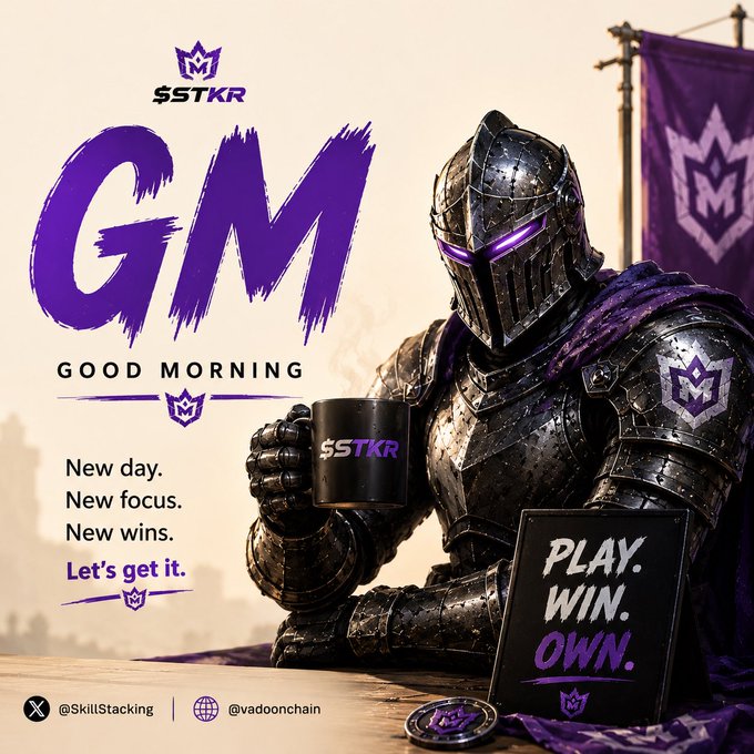 The image features a man dressed as a knight sitting at a table with a cup of coffee in his hand. The background includes a banner that reads "Gm Good Morning" along with an image of a castle, suggesting that this might be related to a video game or streaming platform. The caption for the post is "Weekend are for restoring and stacking more. Explore more on @bossdonnft x @skillstkr x @RRMemeMilitia". This implies that the man dressed as a knight could be promoting a gaming event, streaming platform, or even a movie related to medieval times. The presence of the cup of coffee suggests that he might be taking a break from his activities and enjoying a moment of relaxation while sharing his enthusiasm for the theme with others.