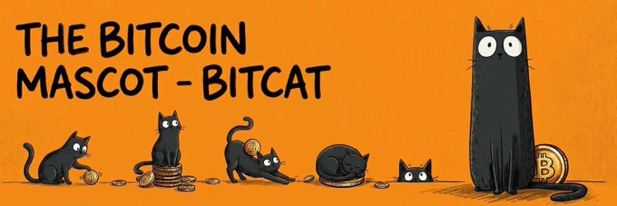 The illustration showcases "The Bitcoin Mascot - BITCAT," featuring a series of black cartoon cats in various playful poses with gold Bitcoin coins against an orange background. The image directly supports the post by visually presenting $BITCAT as a simple, memorable meme character—an orange-themed cat mascot for Bitcoin—designed for easy branding and community-driven appeal on Robinhood Chain.