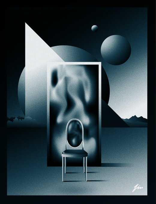 A surreal monochromatic blue and black digital artwork featuring a chair placed in front of a doorway displaying smoky, ethereal shapes, set against a backdrop of geometric shapes, spheres, and distant mountains.