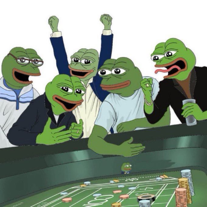 A popular internet meme depicting a group of anthropomorphic green frogs wearing suits gathered around a casino craps table, cheering and gambling with stacks of chips.