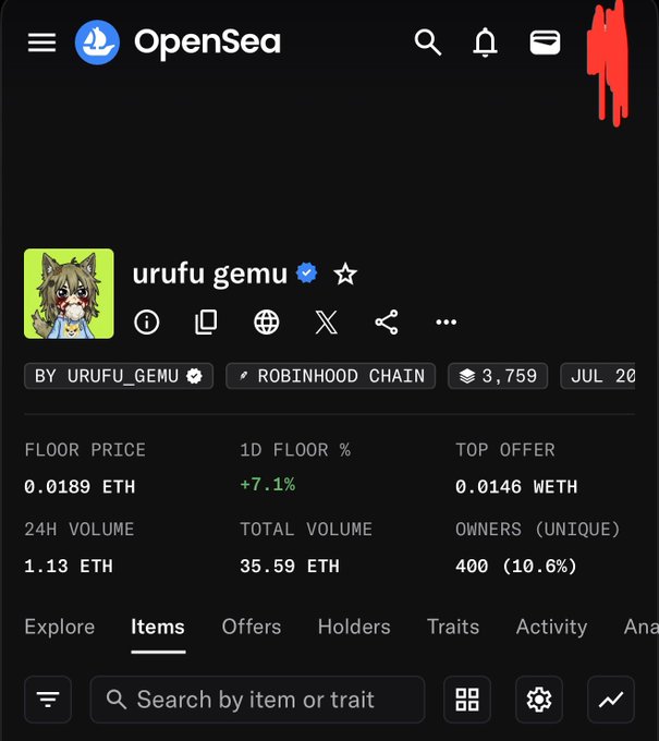 Screenshot of an OpenSea NFT collection page for 'urufu gemu' on the Robinhood Chain, showing a floor price of 0.0189 ETH, a 1D floor increase of 7.1%, and 24H volume of 1.13 ETH.