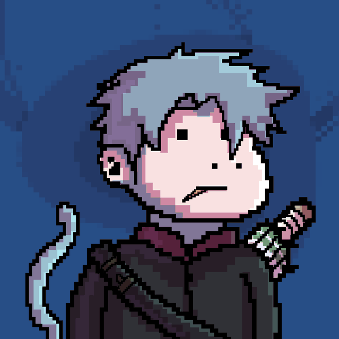 A pixel art character with pale blue hair and a monkey tail holds a small green figurine, representing the honorary NFT monkey mentioned in the post, which celebrates an upcoming mint at 5 PM UTC.