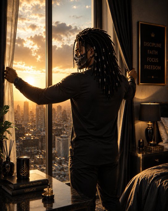 A man with dreadlocks and a face covering stands looking out a large window at a city skyline at sunset, with a framed poster on the wall reading "DISCIPLINE FAITH FOCUS FREEDOM".
