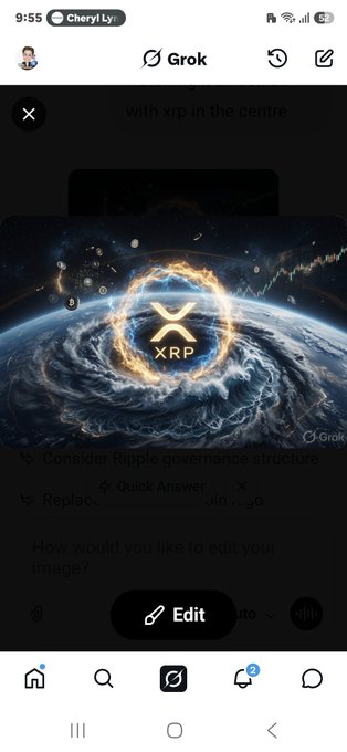 A Grok app screenshot on a phone shows a generated image of the XRP cryptocurrency logo (with text 'xrp') set against a fiery, cosmic background, with the prompt 'with xrp in the centre' visible at the top.