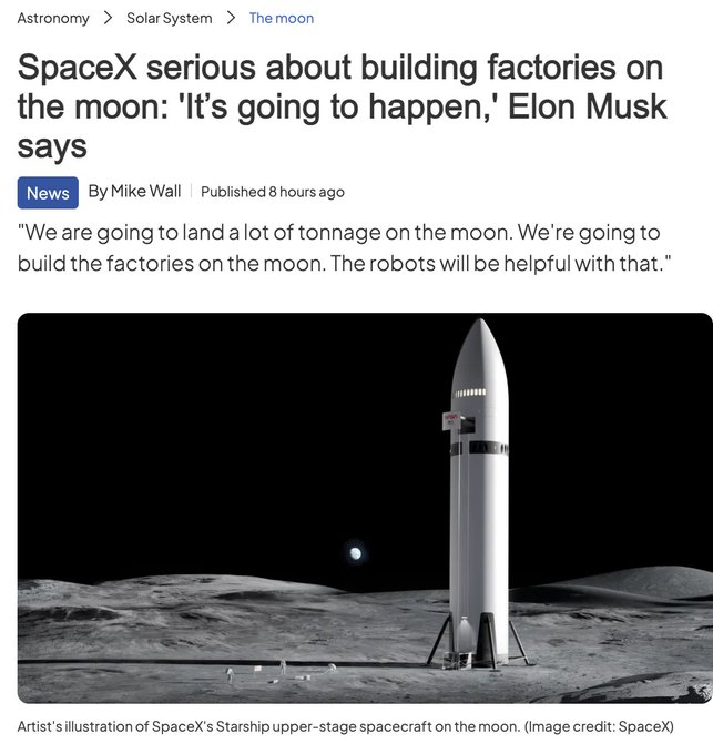 A news article screenshot titled 'SpaceX serious about building factories on the moon: "It's going to happen," Elon Musk says' by Mike Wall, featuring an artist's illustration of a SpaceX Starship on the lunar surface.