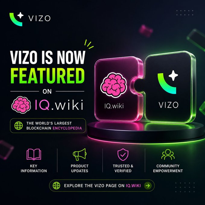 A promotional graphic announcing 'VIZO IS NOW FEATURED ON IQ.wiki', described as 'THE WORLD'S LARGEST BLOCKCHAIN ENCYCLOPEDIA'.