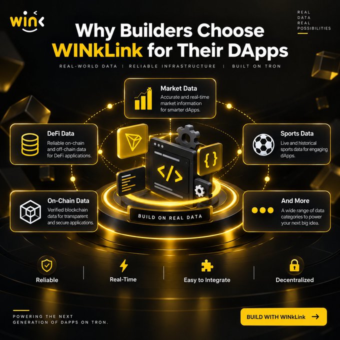 A promotional graphic for WINkLink titled 'Why Builders Choose WINkLink for Their DApps', highlighting features like Market Data, DeFi Data, Sports Data, and On-Chain Data, built on TRON.