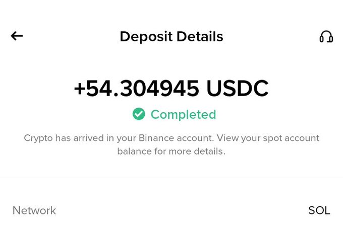 Deposit details show that +54.304945 USDC has been completed and has arrived in your Binance account on the SOL network. This image visually confirms the user's @moonpay deposit to Binance as stated in the accompanying post.