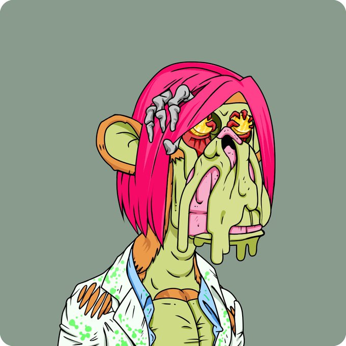 The image features a cartoon character wearing a white shirt and pink hair, standing against a gray background. The character has a face painted on their forehead that looks like a monster or a sad clown with red eyes and a wide smile. The caption of the image reads "Greetings to all my Chinese @BoredApeYC friends! Very happy to meet everyone, looking forward to connecting with you all~ APE FOR LIFE".