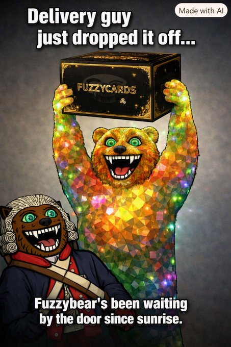 A meme-style image marked 'Made with AI' showing a colorful disco-ball bear holding a 'FUZZYCARDS' box above its head, with a smaller fuzzy bear in a powdered wig beside it, captioned 'Delivery guy just dropped it off...' and 'Fuzzybear's been waiting by the door since sunrise.'
