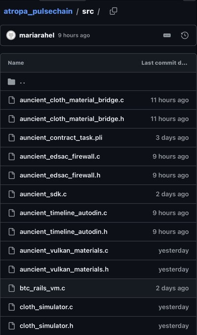 A GitHub repository file list for 'atropa_pulsechain/src' showing files like 'ancient_cloth_material_bridge.c', 'btc_rails_vm.c', and 'cloth_simulator.c'.
