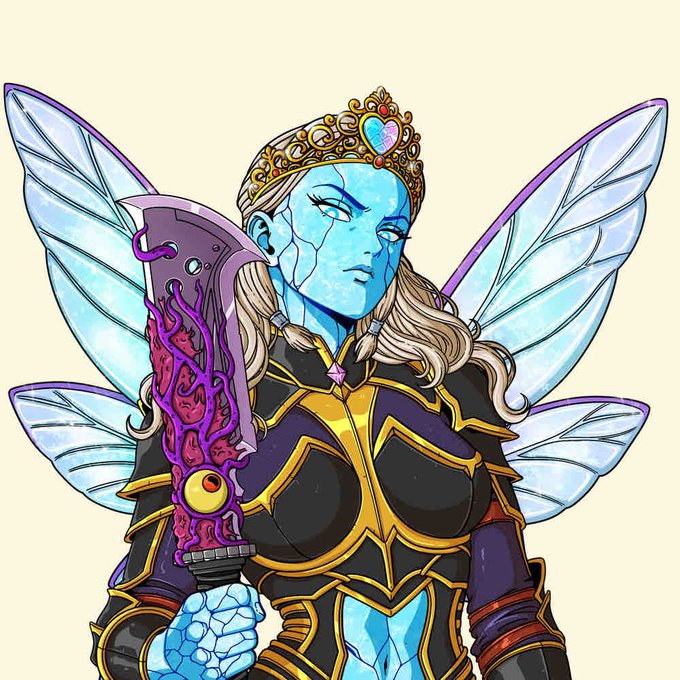 Digital fan art of a blue-skinned fairy or elven queen character wearing a golden crown and dark armor, with translucent wings and holding an ornate purple and red weapon.