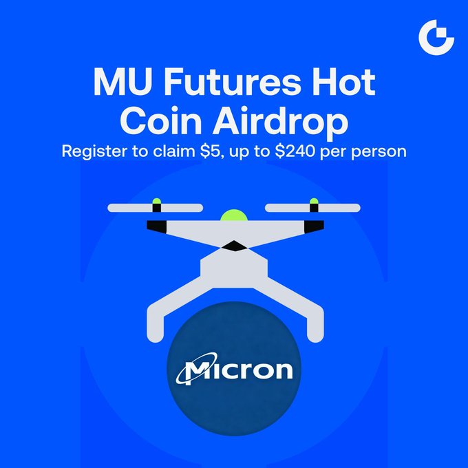 The image features a blue poster with a white airplane logo, surrounded by a blue circle. The central focus of the image is a white and green propeller design atop the airplane. In the background, there are words that read "MU Futures Hot Coin Airdrop" accompanied by a graphic of an airplane and text indicating that people should register to claim $5 and then use the $5 for a $240 transaction fee to purchase tokens or coins from the Bitcoin market. The image suggests it is advertising some sort of coin-selling platform related to aviation, with the goal of providing users with potential gains in exchange for their tokens.
