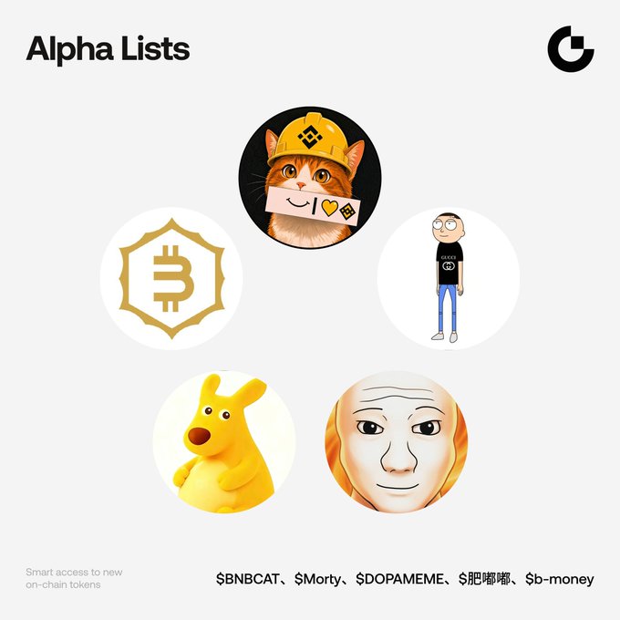 The image showcases a Gate.io "Alpha Lists" promotional graphic featuring circular icons of meme tokens—including a construction-helmeted cat, a Bitcoin shield, a Morty cartoon character, a yellow dog, and a stylized face—each corresponding to the newly listed tickers $BNBCAT, $Morty, $DOPAMEME, $肥嘟嘟, and $b-money highlighted at the bottom. The layout visually represents the post's message of providing "smart access to new on-chain tokens" through Gate Alpha's HOT section.