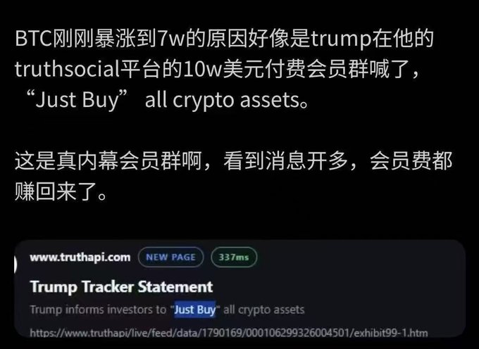 Chinese text explaining that BTC surged to 7w because Trump told his TruthSocial $100,000 paid membership group to 'Just Buy' all crypto assets, accompanied by a Truth Tracker statement link.