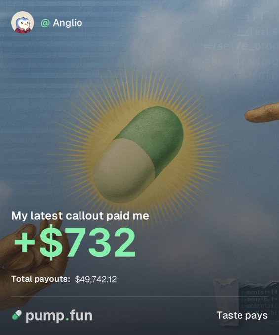 A promotional screenshot from @Anglio on pump.fun celebrates a $732 payout from a callout, adding to total earnings of $49,742.12, with the caption inviting followers to guess today's earnings for a chance to win $100.