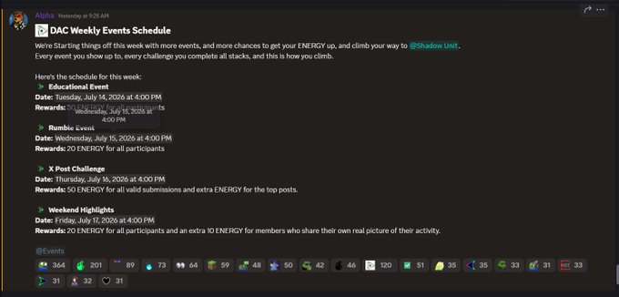 A Discord-style post from Abbot about 'DAC Weekly Events Schedule' listing an Educational Event, Rumble Event, X Post Challenge, and Weekend Highlights with ENERGY rewards and Shadow Unit tags.