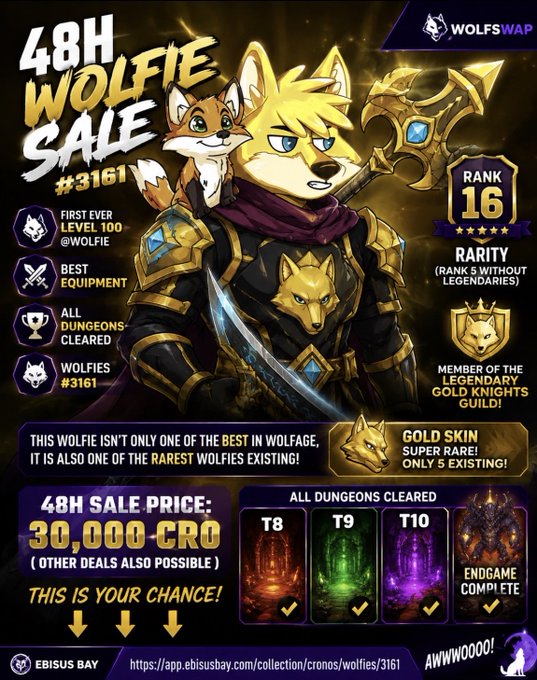 A '48H Wolfie Sale' promotional graphic for #3161, advertising a level 100 wolf character with rank 16, a gold skin, all dungeons cleared, priced at 30,000 CRO from EBISUS BAY.