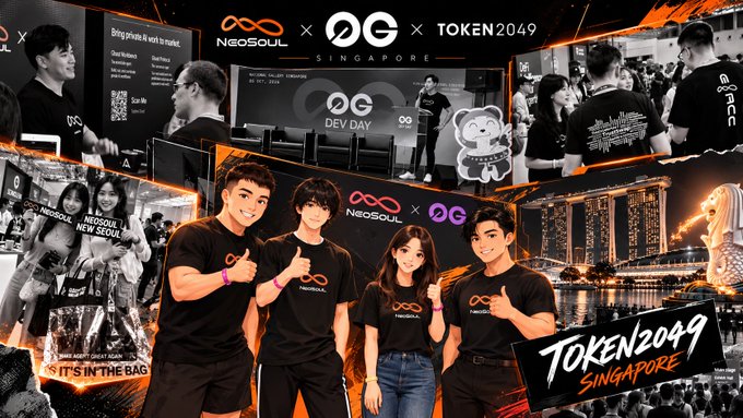 A collage of event photos shows people wearing black t-shirts with an infinity logo, promoting "NEOSOUL", "OG", and "TOKEN2049 SINGAPORE".