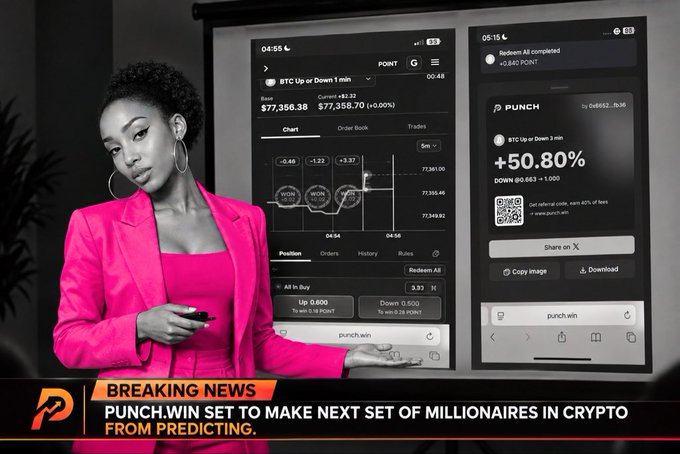A confident woman in a vibrant pink blazer stands before a large screen displaying the crypto prediction platform Punch.win, showing a BTC Up or Down 1 min chart with a +3.37 gain at 04:55, while a mobile interface beside it highlights a "+50.80% DOWN" return and a "PUNCH by 06652...fb36" redeem confirmation of "+0.840 POKE," directly mirroring the accompanying post's claim of "+50% PROFIT every 1 min" with three "WON" stamps visible on the chart to validate the advertised winning streak.