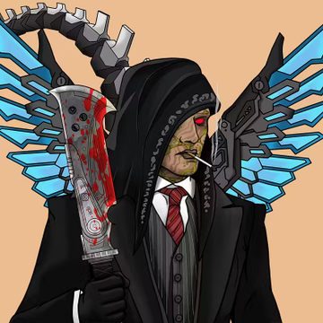 The image features an illustration of a man dressed in a suit with a tie and holding a knife. The man has red eyes and appears to be wearing a black hoodie or coat over his suit, giving him a unique appearance. The background is a light orange color that contrasts with the dark tones of the man's outfit. The image also includes text elements such as "Good morning OGs Woke up with a new member of the family- feels amazing @chaseweb to @Solgodsnfts @BKOnChain".
