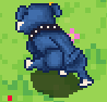 A pixel art image of a blue dog-like creature shown from behind, with its prominent rear end emphasized to match the post's humorous caption about the character having "so much asssssssssssssss."
