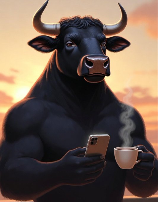 A stylized, muscular anthropomorphic bull character holding a smartphone and a steaming cup of coffee, set against a warm, sunset sky.