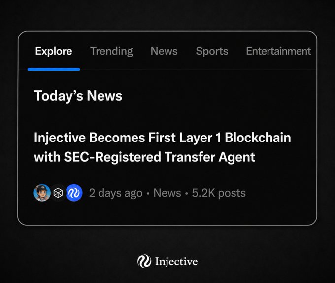 A screenshot of a news interface showing a headline 'Injective Becomes First Layer 1 Blockchain with SEC-Registered Transfer Agent' under the Explore tab, posted 2 days ago in the News section with 5.2K posts, branded with the Injective logo.