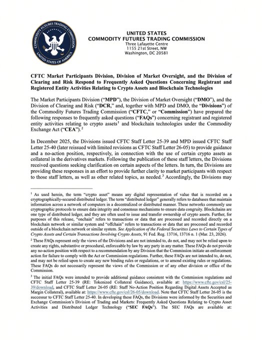 A US Commodity Futures Trading Commission document about CFTC Market Participants Division responding to FAQs on crypto assets and blockchain technologies.