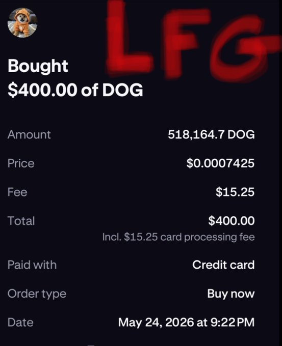 The image shows a screenshot of an online transaction for a dog, with a total amount of $4,000.00. The payment method used was via Bitcoin, as indicated by the text "BTC" at the bottom left corner. The date of the transaction is May 24, 2026, and it has been processed on 9:22 PM.