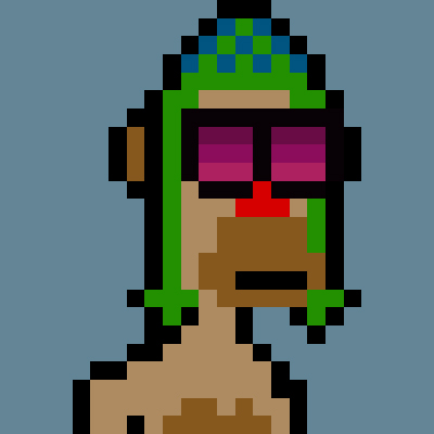 A low-resolution pixel art portrait of a person with green dreadlocks, a patterned head covering, and purple sunglasses against a blue background.