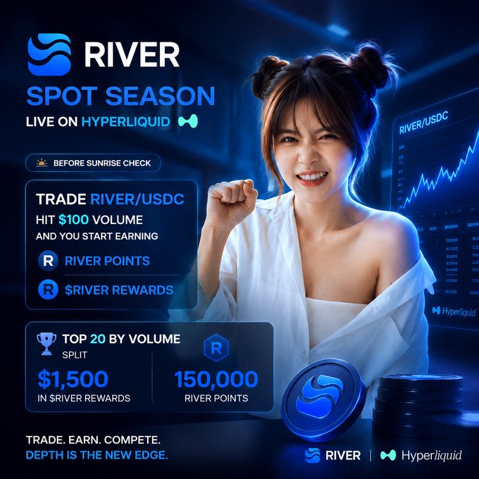 A promotional advertisement for 'RIVER SPOT SEASON' on Hyperliquid, featuring a smiling Asian woman cheering, with details about trading RIVER/USDC, earning $100 volume for rewards, and a $1,500 prize pool for top 20 traders.