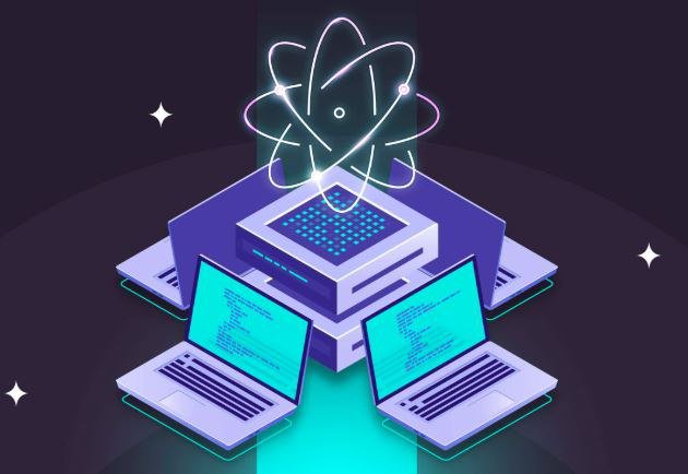 An isometric illustration showing three laptops displaying code, connected to a central processing unit or server, with a glowing atom symbol floating above, symbolizing computing and technology.