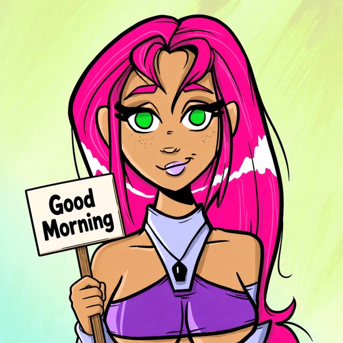 An animated-style illustration of a character with bright pink hair and green eyes holding a sign that reads "Good Morning" against a green background.