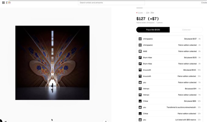 A screenshot of an NFT marketplace listing showing a digital artwork priced at $127 (+$7) with a bid of $129, alongside activity feed showing various users like shimpeehoz, Bryn Alex, and you placing bids and collecting patron editions.
