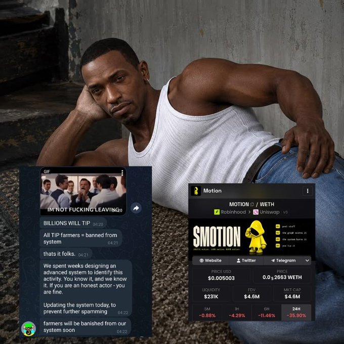 A photoshopped meme featuring a muscular Black man in a white tank top with screenshots of a crypto project called '$MOTION' showing it as a scam (0% Liquidity Locked), and a chat message stating 'IM NOT FUCKING LEAVING' with an announcement that 'farmers will be banished from our system soon'.
