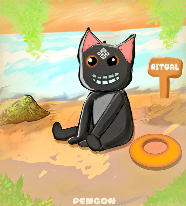 An illustration of a black cat character with a wide grin sitting on a beach near a sign labeled 'RITUAL' and a yellow ring, signed 'PENGON' at the bottom.