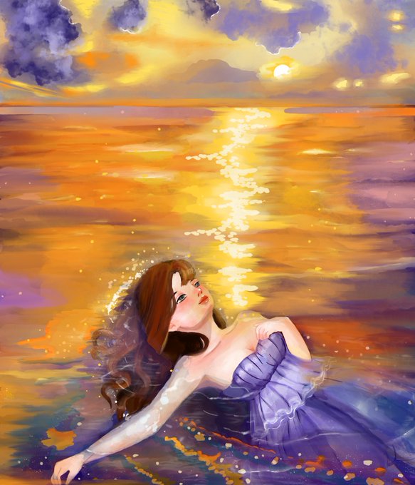 A digital painting of a woman in a purple dress partially submerged in water, gazing up at a golden sunset with reflections shimmering across the surface.