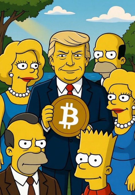 The image features a cartoon depiction of the Simpsons family posing for a picture. In the center, they are standing around a man who is holding a Bitcoin coin with them. The family members include Homer Simpson wearing a suit and tie, and Bart Simpson dressed more casually in jeans. The other family members display various expressions on their faces, creating a lively and dynamic scene. This image seems to be related to the post about Bitcoin that encourages people to take action based on information from a specific source or news outlet.