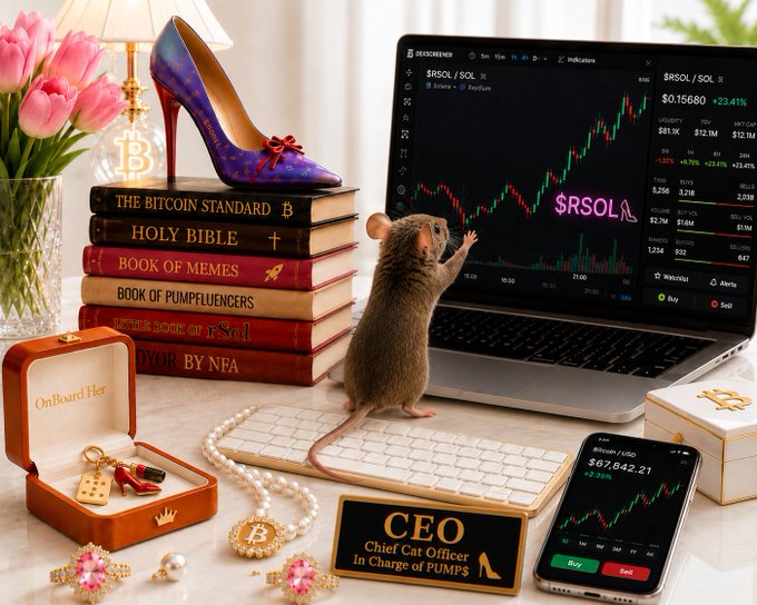 A whimsical digital illustration of a mouse standing on a keyboard analyzing $RSOL/SOL charts on a laptop, surrounded by stacked crypto-themed books ("The Bitcoin Standard," "Book of Memes"), a Bitcoin lamp, jewelry, and a "CEO Chief Cat Officer In Charge of PUMPS" nameplate.