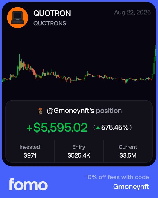 The image is a Fomo app screenshot showing QUOTRON (QUOTRONS) as of Aug 22, 2026, with @Gmoneynft's position displaying a +$5,595.02 gain (▲576.45%) on a $971 investment, with entry at $525.4K and current value at $3.5M. The caption "gud tek" reflects the poster's excitement over the massive gains, tying the meme to the dramatic price spike visible on the right side of the QUOTRON chart.