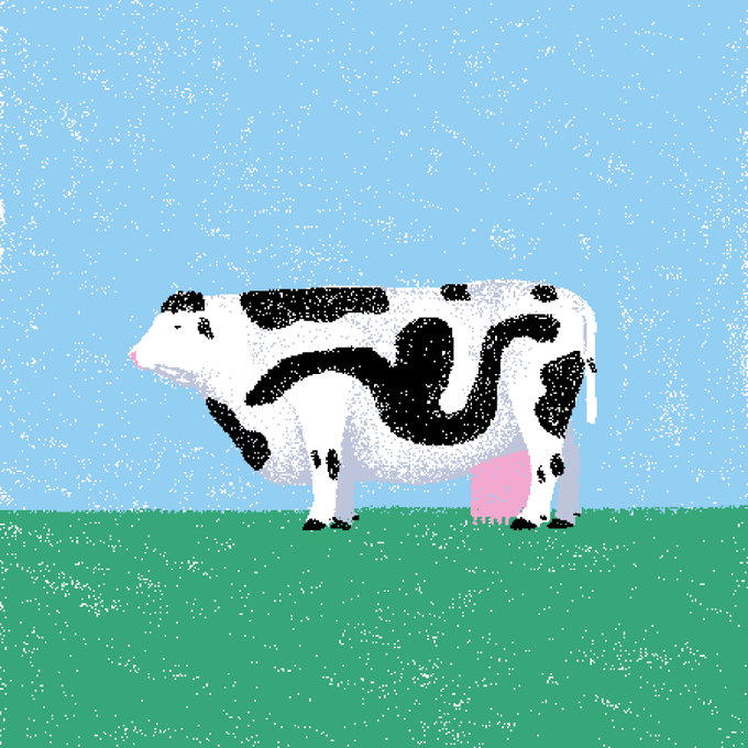 The image features a cartoon cow with black and white spots, standing alone in a field of green grass. The cow appears to be looking off into the distance or grazing peacefully. The background consists of a blue sky dotted with white clouds. The image is posted on Verse Secondary by @halfadonet akc, and it has been tagged as "collected on verse.works/akc".