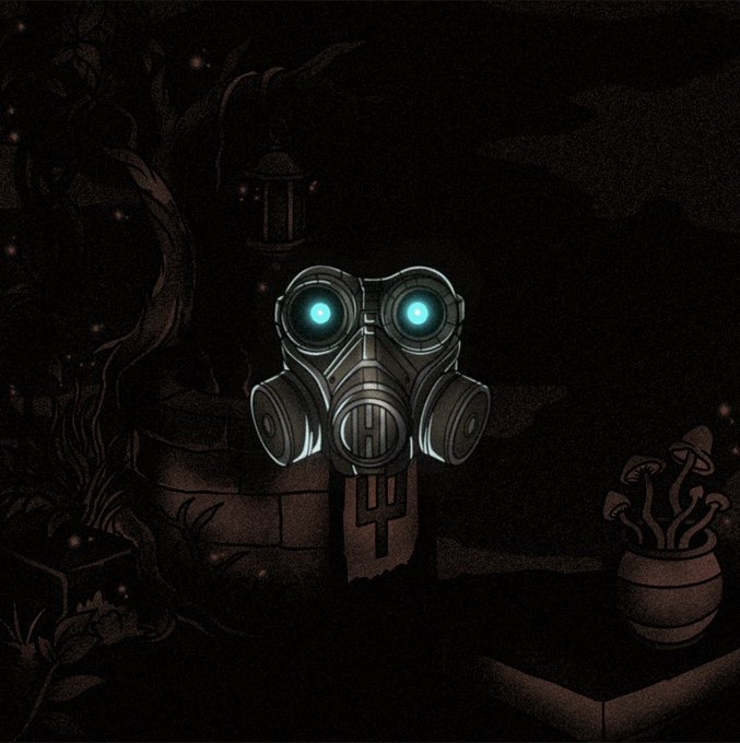 A dark, atmospheric illustration of a glowing gas mask with bright cyan eyes set in a dimly lit room with mushrooms and small lights.
